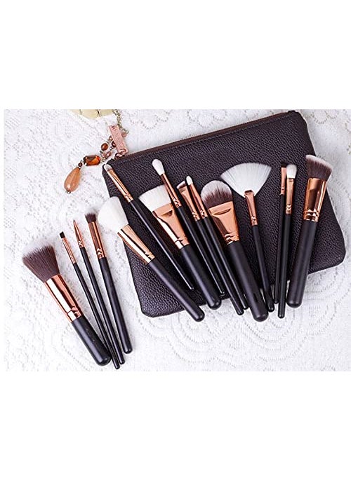 Monica Ann Beauty - Professional 15 pc Rose Gold Makeup Brush Set with Natural Hair and Premium Bag - Image 1