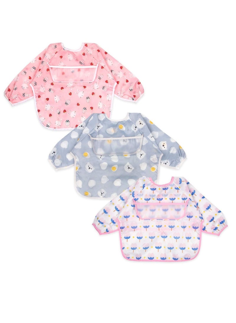 Long Sleeve Bib Set, Baby Waterproof with Pockets, Toddler Sleeves and Debris Catcher, Smudge Odor Resistant Playsuit Apron for Infants 6-24 Months (3 Pack) - Image 1