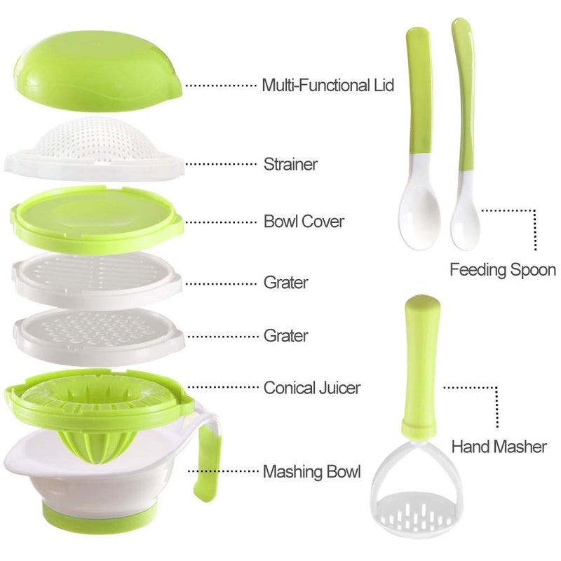 Matyz Versatile Baby Food Maker Set - Toddler Food Mills with Mash Bowl, Hand Masher, Citrus Juicer, Grater - Making Homemade Baby Food - Fruits and Vegetables Masher - No BPA ( Green) - Image 2