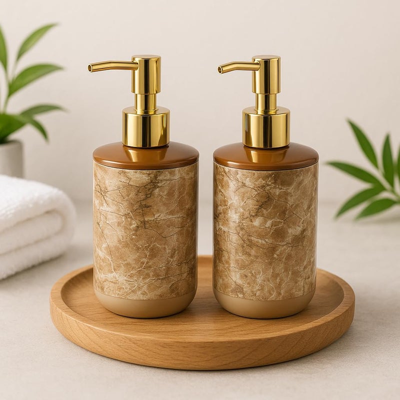 LAGET ® 300ml Soap Dispenser for Wash Basin - Marble Golden Print | Kitchen and Bathroom Accessories Items | Refillable Handwash Dispenser Bottle- Set of 2 (Brown Twinkle) - Image 1