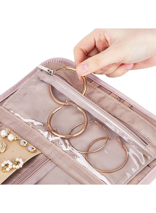 منظم مجوهرات للسفر، لفة تخزين متوسطة الحجم قابلة للطي للأقراط والقلائد والخواتم والأساور والدبابيس، لون وردي - Image 5