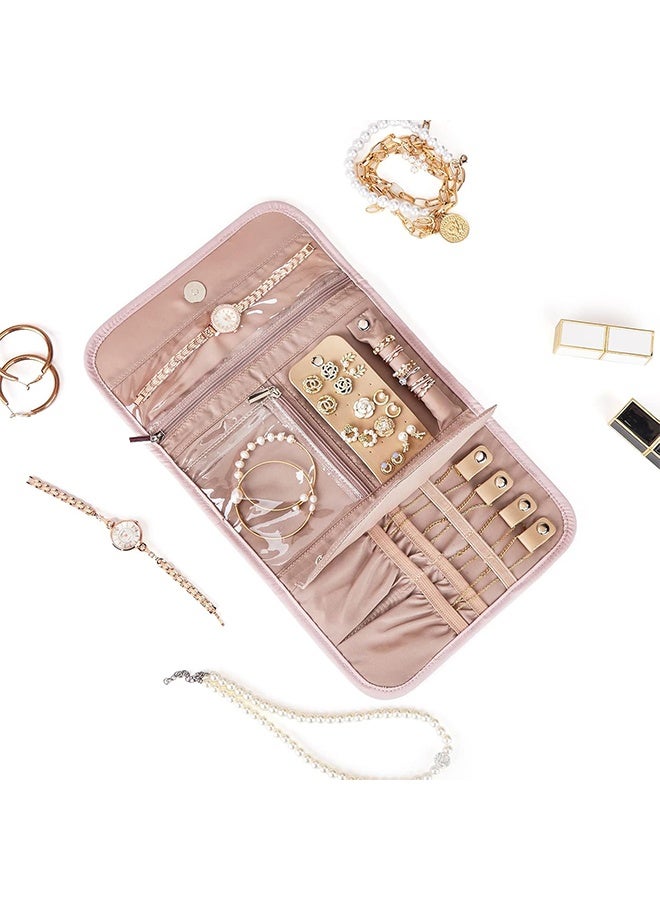 منظم مجوهرات للسفر، لفة تخزين متوسطة الحجم قابلة للطي للأقراط والقلائد والخواتم والأساور والدبابيس، لون وردي - Image 2
