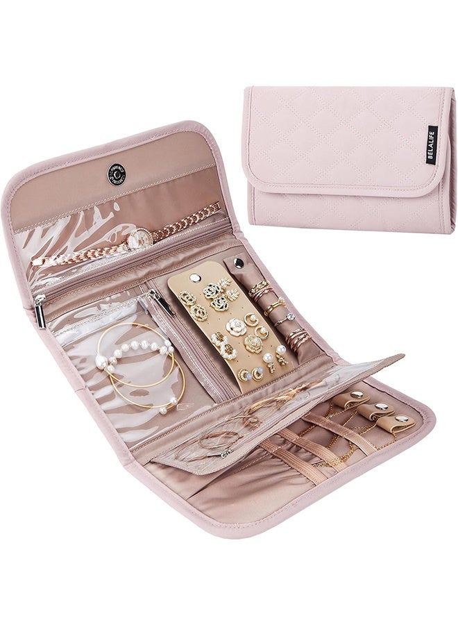 منظم مجوهرات للسفر، لفة تخزين متوسطة الحجم قابلة للطي للأقراط والقلائد والخواتم والأساور والدبابيس، لون وردي - Image 1