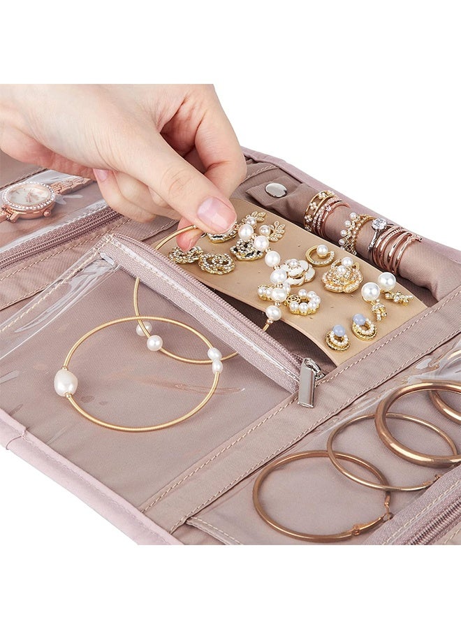 منظم مجوهرات للسفر، لفة تخزين متوسطة الحجم قابلة للطي للأقراط والقلائد والخواتم والأساور والدبابيس، لون وردي - Image 4