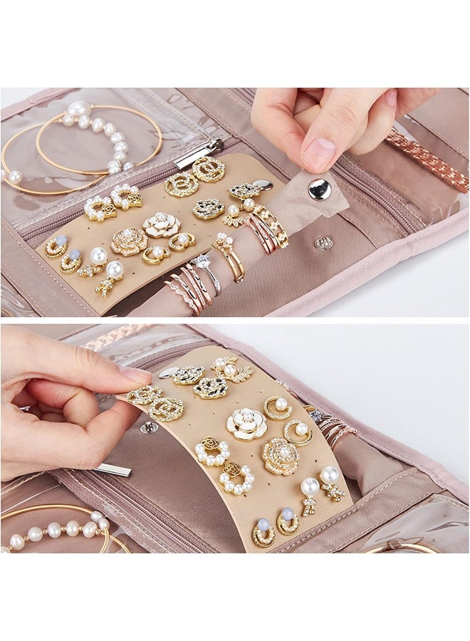 منظم مجوهرات للسفر، لفة تخزين متوسطة الحجم قابلة للطي للأقراط والقلائد والخواتم والأساور والدبابيس، لون وردي - Image 3