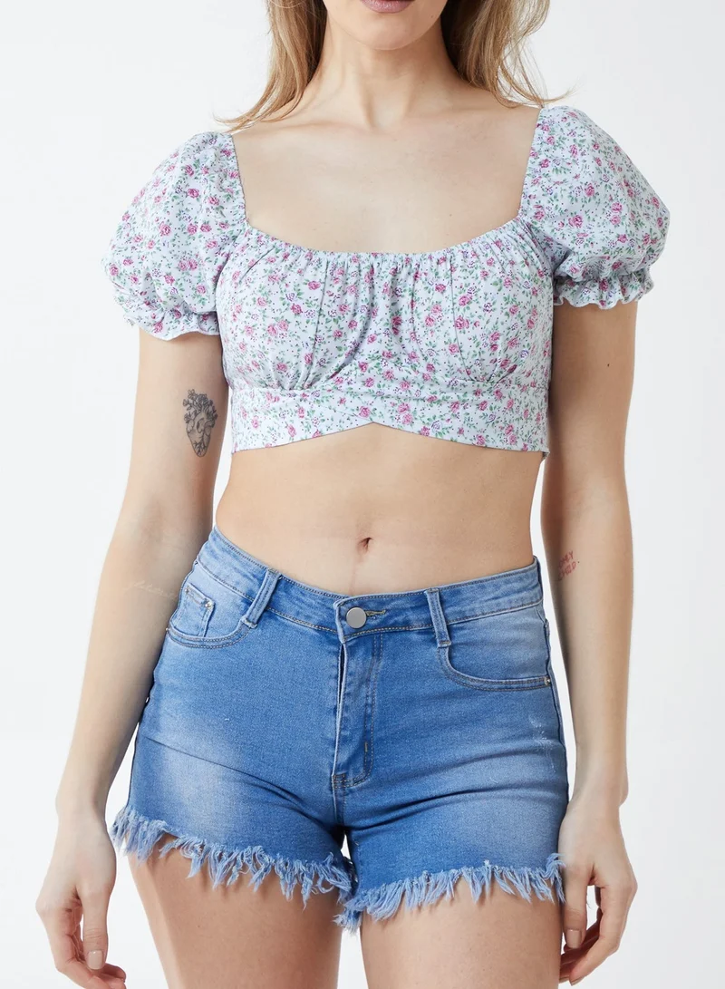 Floral Puff Sleeve Tied Top