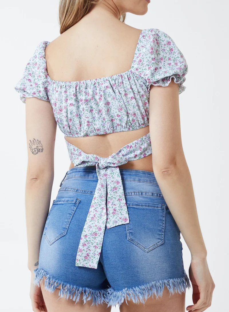 Pink Vanilla  Floral Puff Sleeve Tied Top for Women | Best Price UAE