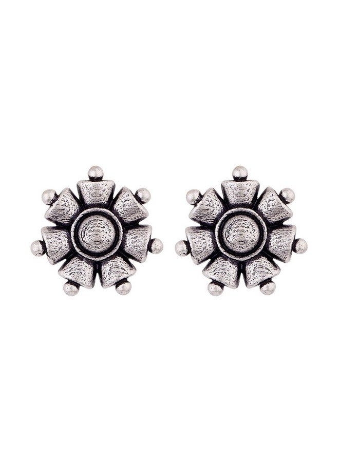 Voylla Silver Oxidised Brass Floral Motif Boho Style Stud Earrings Tops for Women and Girls - Image 1