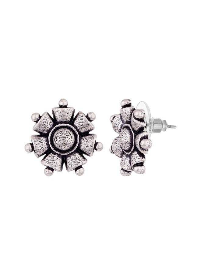 Voylla Silver Oxidised Brass Floral Motif Boho Style Stud Earrings Tops for Women and Girls - Image 4