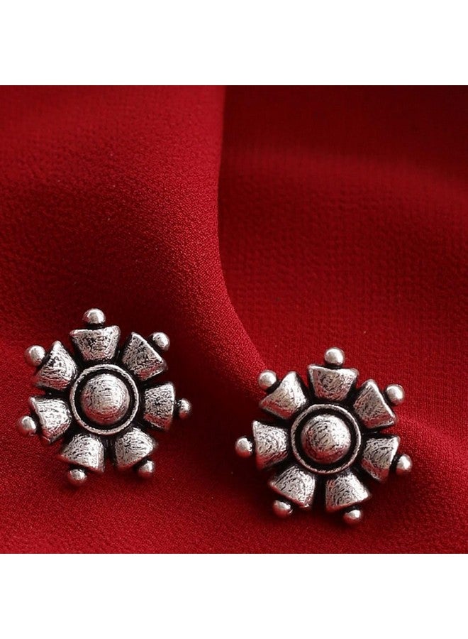 Voylla Silver Oxidised Brass Floral Motif Boho Style Stud Earrings Tops for Women and Girls - Image 2