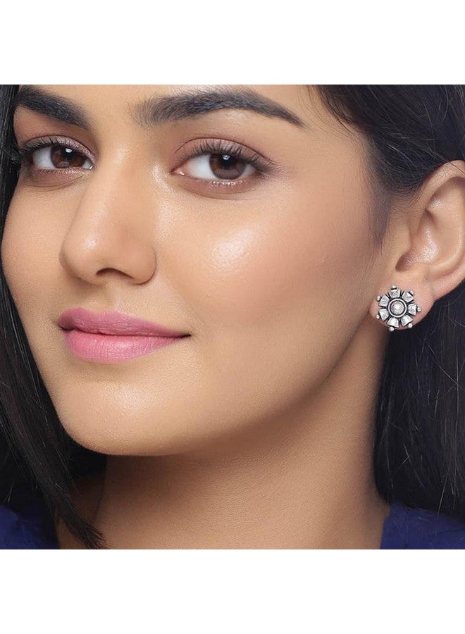 Voylla Silver Oxidised Brass Floral Motif Boho Style Stud Earrings Tops for Women and Girls - Image 3