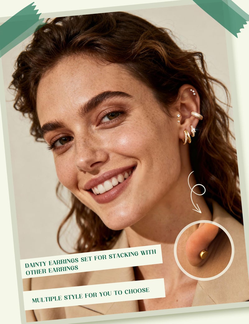 ADRAMATA Hypoallergenic Gold Hoop Earrings Stack for Women - 7Pairs Surgical Steel Small Chunky Huggie & Flat Back Stud Earrings Set Cartilage Jewelry Trendy Christmas Gift Shiny - Image 3