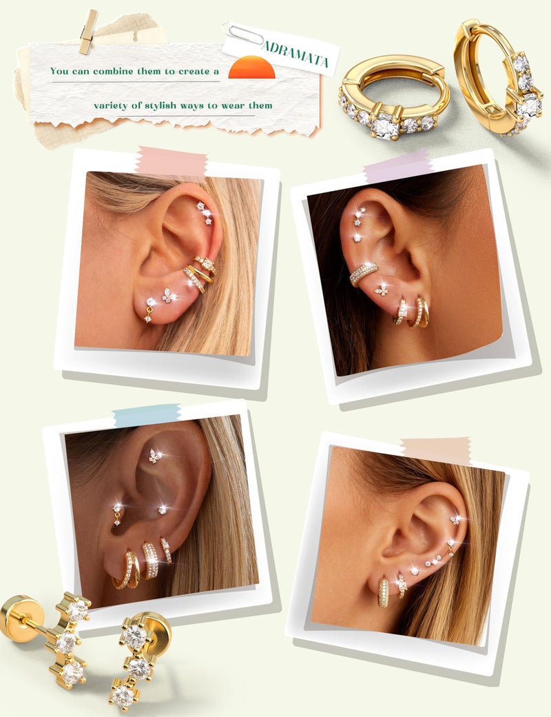 ADRAMATA Hypoallergenic Gold Hoop Earrings Stack for Women - 7Pairs Surgical Steel Small Chunky Huggie & Flat Back Stud Earrings Set Cartilage Jewelry Trendy Christmas Gift Shiny - Image 4