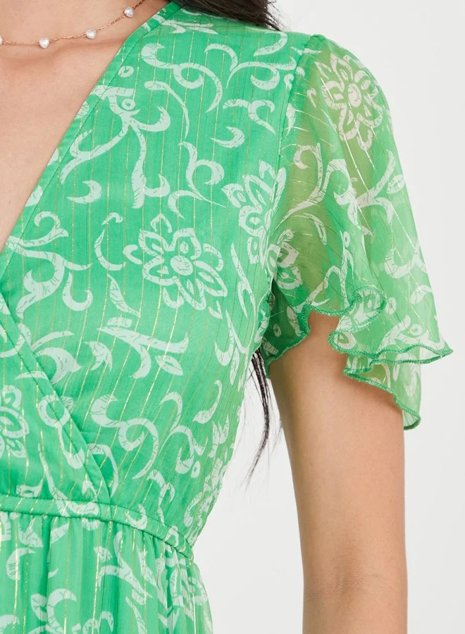 Styli Frill Sleeve Floral Print Tiered Midi Dress