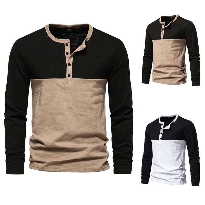 New Men'S Color Matching Four-Button Henry Color Matching Long-Sleeved T-Shirt D30 - Image 3