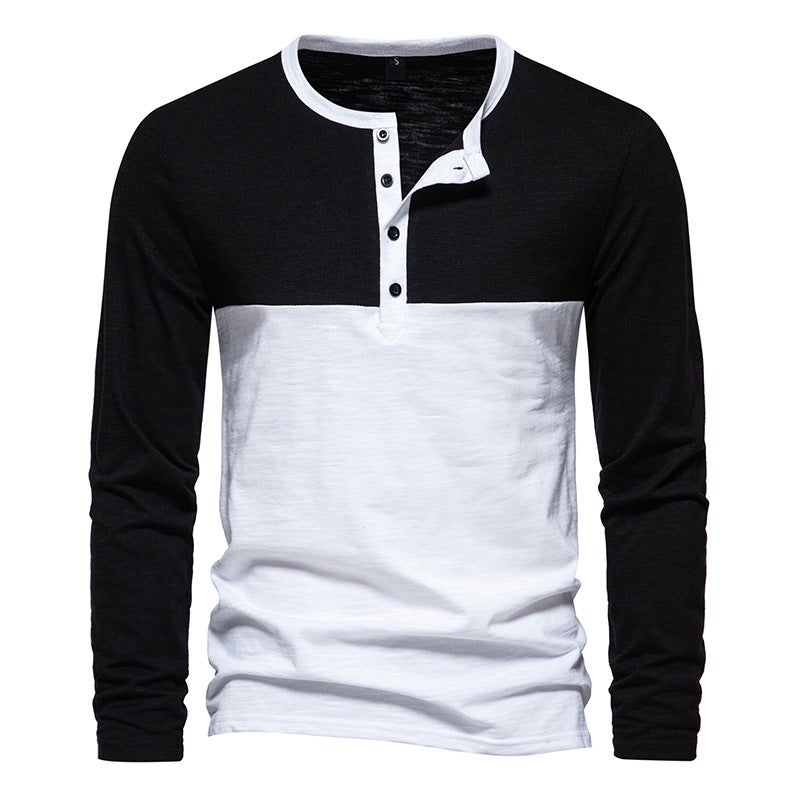 New Men'S Color Matching Four-Button Henry Color Matching Long-Sleeved T-Shirt D30 - Image 1