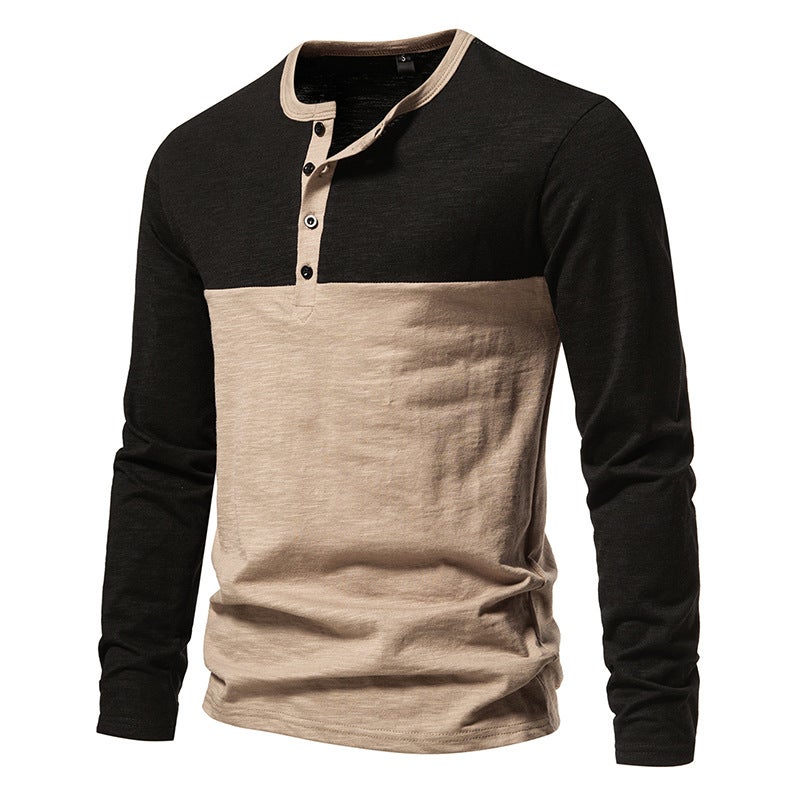 New Men'S Color Matching Four-Button Henry Color Matching Long-Sleeved T-Shirt D30 - Image 5