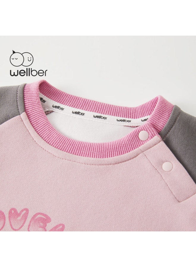 Wellber Spring And Autumn Uni Baby Toddler Raglan Sleeve Color-block Sweatshirt, Fresh Sporty Casual Top, Pink, Size 100 - Image 4