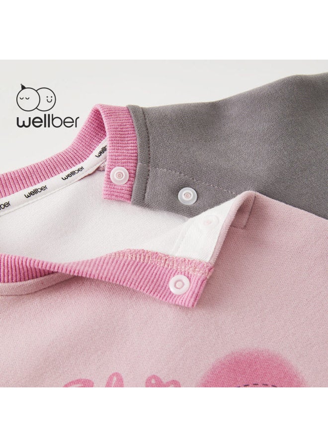 Wellber Spring And Autumn Uni Baby Toddler Raglan Sleeve Color-block Sweatshirt, Fresh Sporty Casual Top, Pink, Size 100 - Image 1