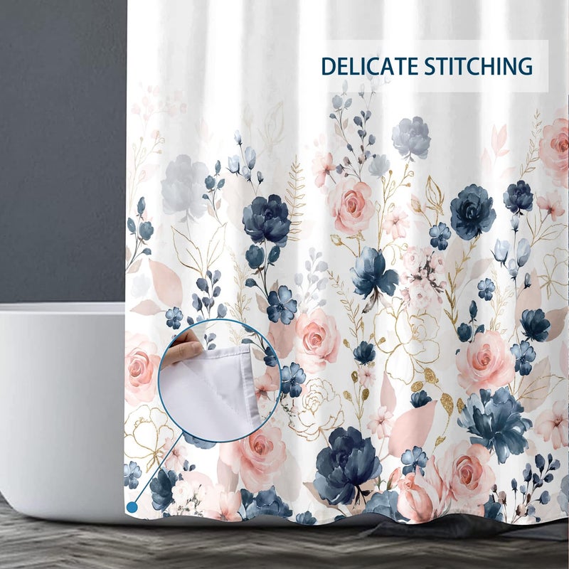Bivinar إضافي طويل القوات البحرية الأزرق والورود الستار الدش الأزهار الستار 72 × 84 بوصة الزهور المائية الحمام الستار الستار مقاوم للماء النسيج مع 12 خطاف - Image 3