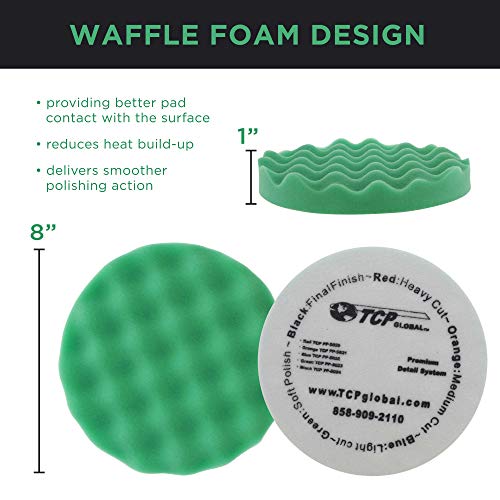 TCP Global 8" Green Waffle Foam Buffing Pad Hook and Loop Backing - Final Cut Pad for Polishing, Automotive, Marine, Truck, RV & Compound Cutting, Car Polishing Pads - Image 3