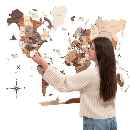 Enjoy The Wood 3D Wooden World Map Wall Art Large Travel Map with Pins for Art Decor Decorative Map of the World for Home Office Travel Wall Art Housewarming Gift Idea Multicolor XL Unframed - Image 1