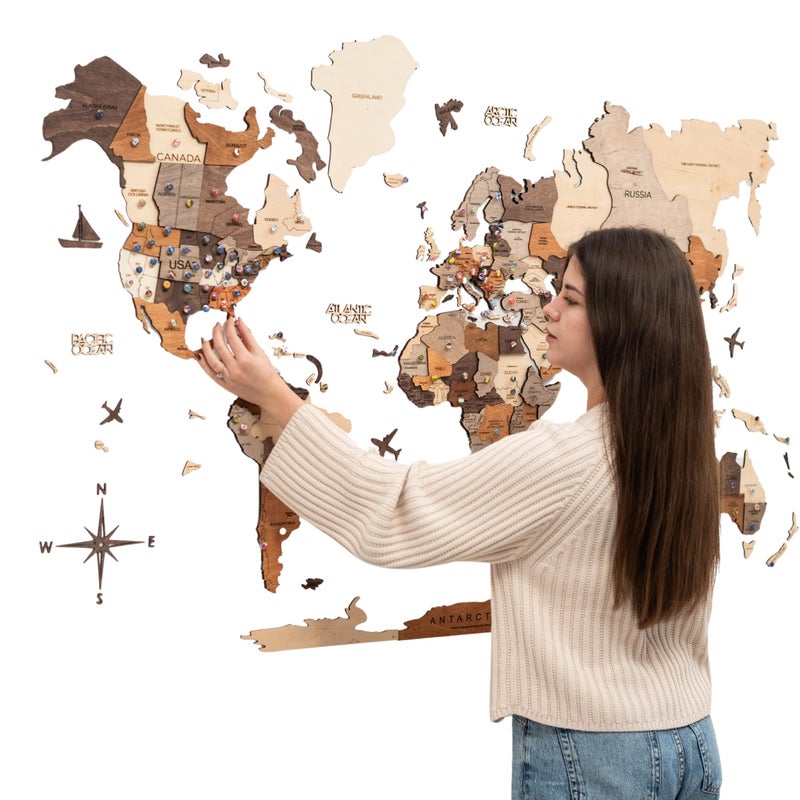 Enjoy The Wood 3D Wooden World Map Wall Art Large Travel Map with Pins for Art Decor Decorative Map of the World for Home Office Travel Wall Art Housewarming Gift Idea Multicolor XL Unframed - Image 2