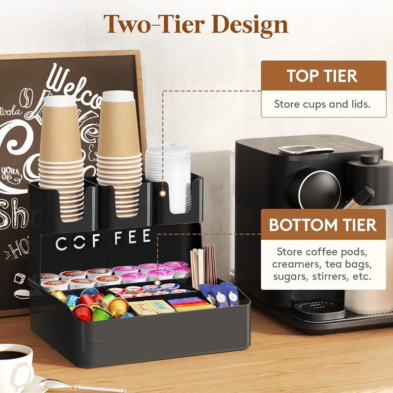 Lifewit 2-tier Coffee Station Organizer for Countertop, 10 Compartments, Tea Condiment Storage,Coffee Bar Organizer for Office Breakroom, Home Kitchen, Black - Image 4