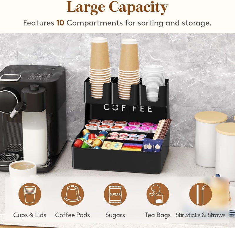 Lifewit 2-tier Coffee Station Organizer for Countertop, 10 Compartments, Tea Condiment Storage,Coffee Bar Organizer for Office Breakroom, Home Kitchen, Black - Image 2
