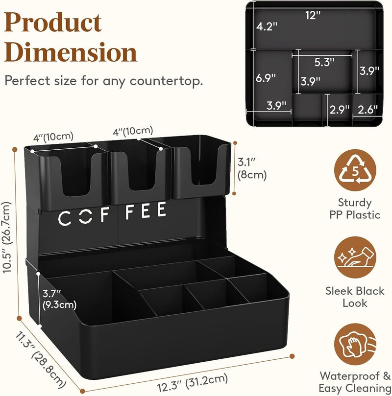 Lifewit 2-tier Coffee Station Organizer for Countertop, 10 Compartments, Tea Condiment Storage,Coffee Bar Organizer for Office Breakroom, Home Kitchen, Black - Image 3