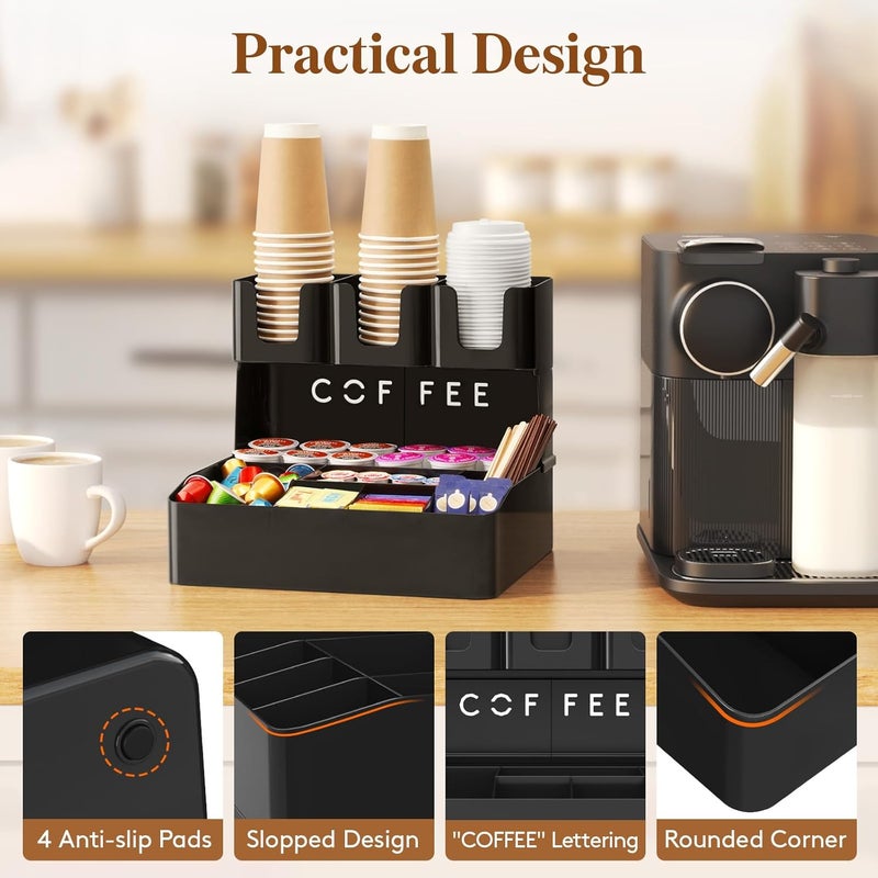 Lifewit 2-tier Coffee Station Organizer for Countertop, 10 Compartments, Tea Condiment Storage,Coffee Bar Organizer for Office Breakroom, Home Kitchen, Black - Image 5