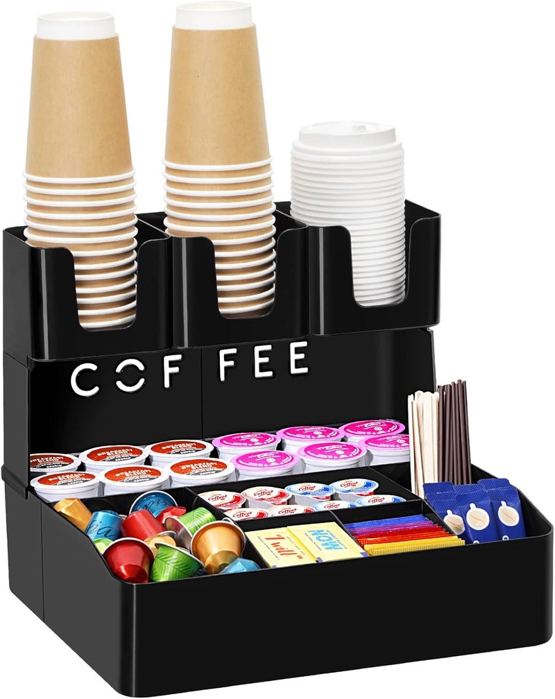 Lifewit 2-tier Coffee Station Organizer for Countertop, 10 Compartments, Tea Condiment Storage,Coffee Bar Organizer for Office Breakroom, Home Kitchen, Black - Image 1