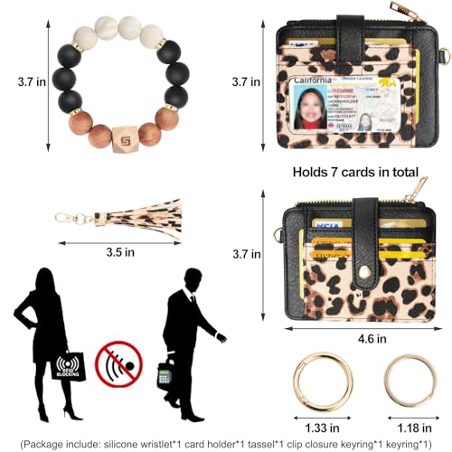 COOLANS Wristlet Bracelet Keychain Card Holder Card Pocket PU Leather Purse Tassel Keychain Bangle Key Ring for Women Girls (Silicone Bead Bracelet+Card Purse (Black Leopard)) - Image 2