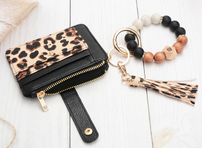 COOLANS Wristlet Bracelet Keychain Card Holder Card Pocket PU Leather Purse Tassel Keychain Bangle Key Ring for Women Girls (Silicone Bead Bracelet+Card Purse (Black Leopard)) - Image 4