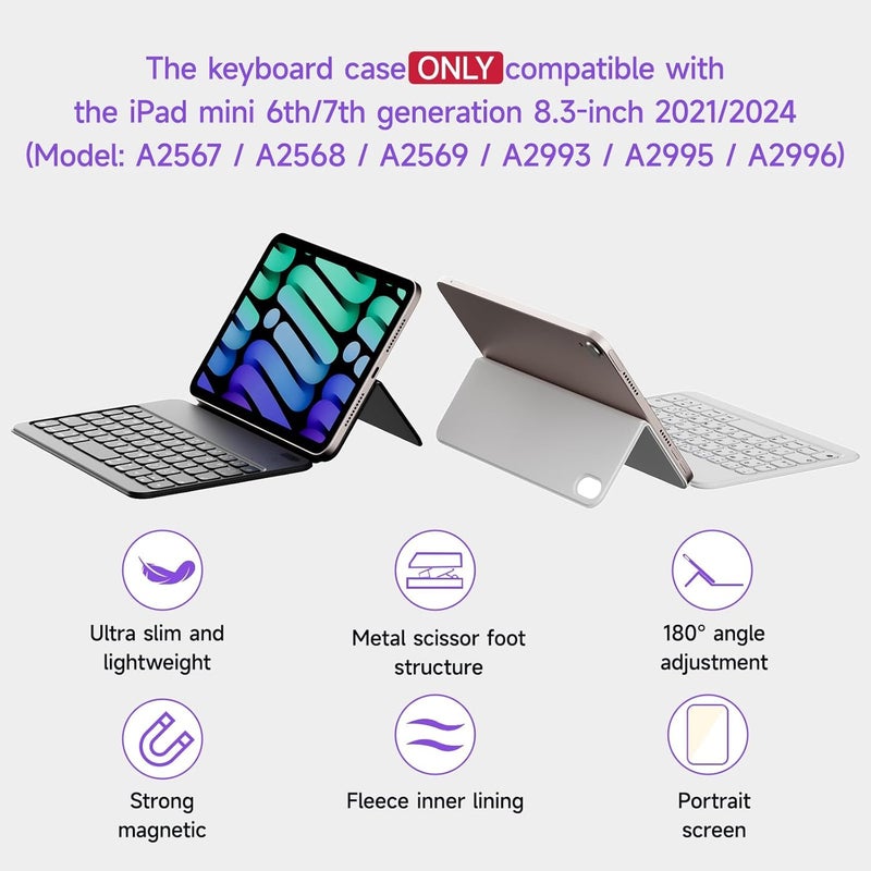 حقيبة لوحة مفاتيح HOU لـ iPad mini الجيل السابع (A17 Pro، 2024) والجيل السادس (2021) مقاس 8.3 بوصة، نوع فوليو فائق النحافة للوحة المفاتيح، عرض الطاقة، غطاء حماية مغناطيسي يدعم iPad mini 6/7 - Image 2