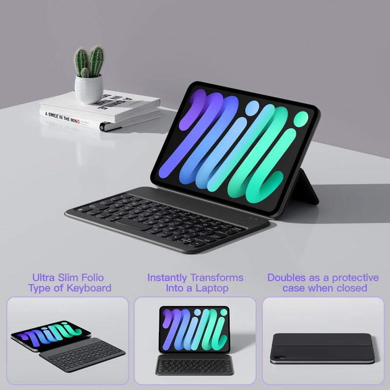 حقيبة لوحة مفاتيح HOU لـ iPad mini الجيل السابع (A17 Pro، 2024) والجيل السادس (2021) مقاس 8.3 بوصة، نوع فوليو فائق النحافة للوحة المفاتيح، عرض الطاقة، غطاء حماية مغناطيسي يدعم iPad mini 6/7 - Image 3