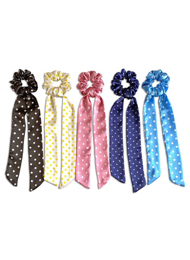 Silvr Bear - SILVR BEAR Luxury Satin - Set of 5 Same Colours As Pic, Printed Ribbon Scarf Scrunchies, Anti-Hair-Breakage Hair Accessories for Girls, Hair Ties, Best gift for Sister, Friend, Mom (Polka Dots) - Image 1