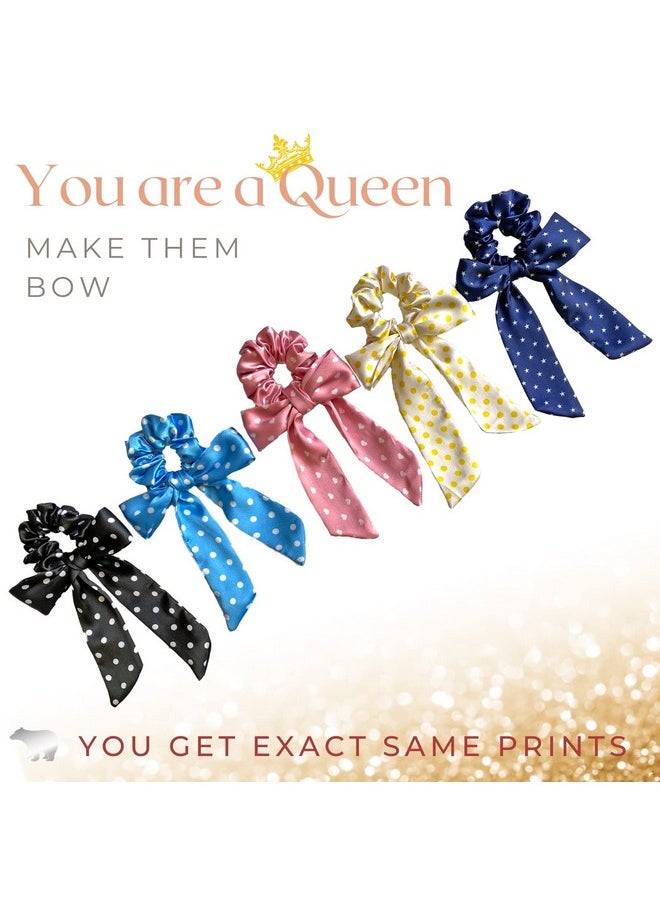 Silvr Bear - SILVR BEAR Luxury Satin - Set of 5 Same Colours As Pic, Printed Ribbon Scarf Scrunchies, Anti-Hair-Breakage Hair Accessories for Girls, Hair Ties, Best gift for Sister, Friend, Mom (Polka Dots) - Image 1
