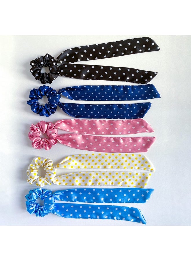 Silvr Bear - SILVR BEAR Luxury Satin - Set of 5 Same Colours As Pic, Printed Ribbon Scarf Scrunchies, Anti-Hair-Breakage Hair Accessories for Girls, Hair Ties, Best gift for Sister, Friend, Mom (Polka Dots) - Image 1