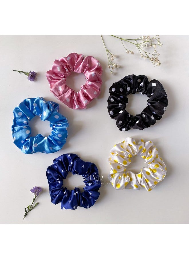 Silvr Bear - SILVR BEAR Luxury Satin - Set of 5 Same Colours As Pic, Printed Ribbon Scarf Scrunchies, Anti-Hair-Breakage Hair Accessories for Girls, Hair Ties, Best gift for Sister, Friend, Mom (Polka Dots) - Image 1