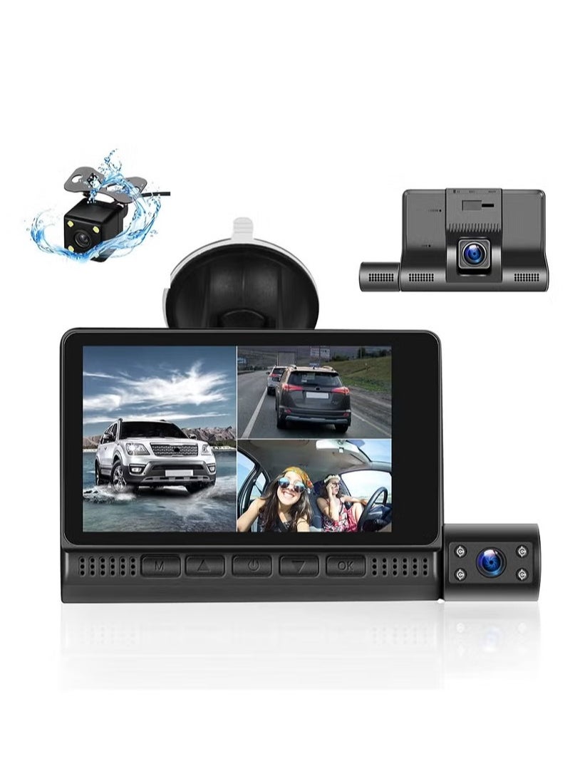 AS SEEN ON TV - Car Dash Camera, 4 Inch 1296p Motion Detection Dash Camera For Car, 3 Channel Dash Cam Front And Rear Inside, Three Way Triple Car Camera With Night Vision, Loop Recording, G Sensor, Parking Monitor - Image 1