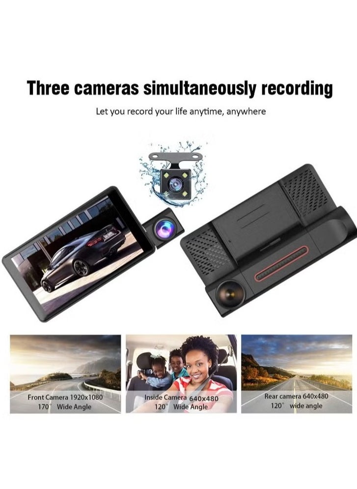 AS SEEN ON TV - Car Dash Camera, 4 Inch 1296p Motion Detection Dash Camera For Car, 3 Channel Dash Cam Front And Rear Inside, Three Way Triple Car Camera With Night Vision, Loop Recording, G Sensor, Parking Monitor - Image 1