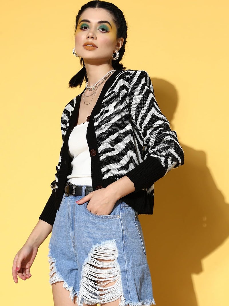 SASSAFRAS Black Animal Print Front Open Wool Cardigan - Image 4