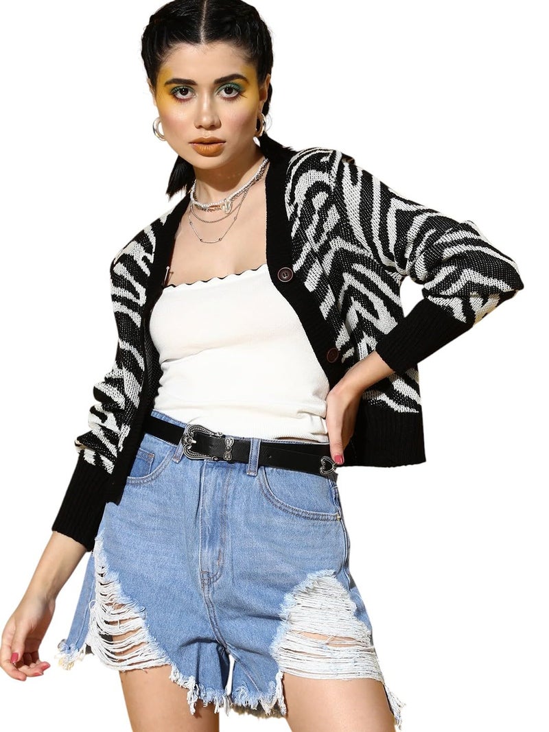 SASSAFRAS Black Animal Print Front Open Wool Cardigan - Image 1