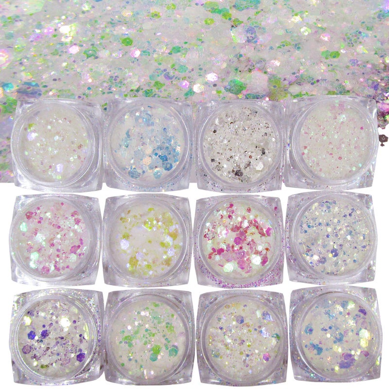 LuckForever LuckForever 12 Colors Mermaid Iridescent Chunky Glitter Hexagon Fine Glitters Sequins Flakes  Powder Pigment for Epoxy Resin Makeup Body Crafts Nail Art Designs