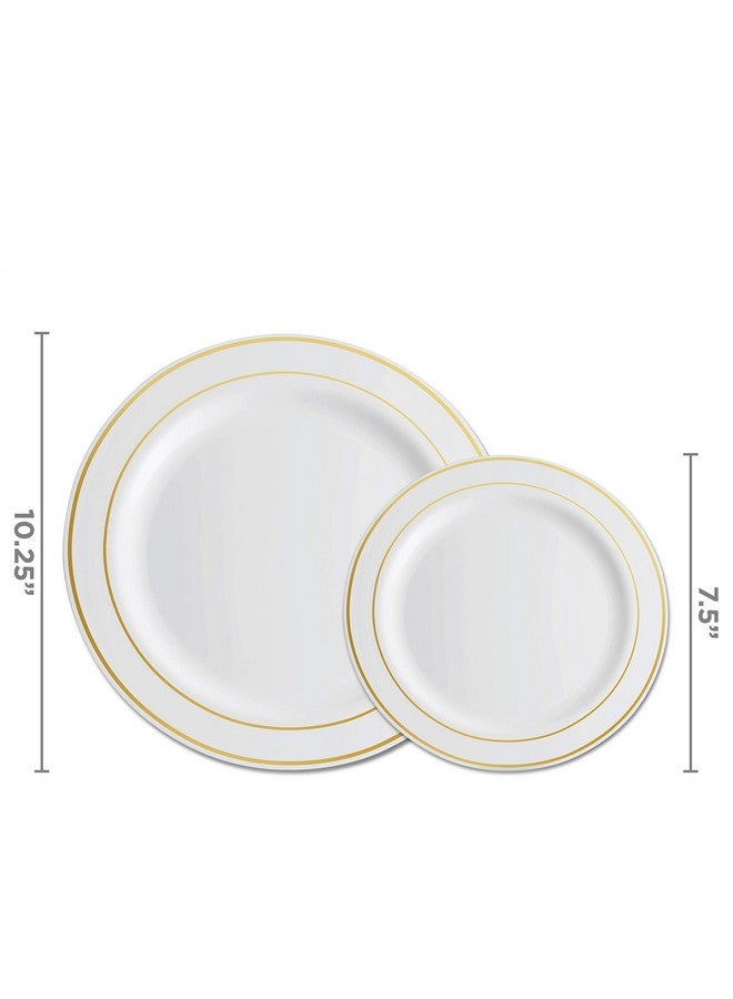 مونفيكس أطباق حفلات بلاستيكية من مونفيكس، 100 قطعة، بحافة ذهبية بيضاء، و50 طبق عشاء فاخر عالي التحمل مقاس 10.25 بوصة، و50 طبق حلوى ومقبلات للاستخدام مرة واحدة مقاس 7.5 بوصة، أطباق زفاف أنيقة فاخرة عالية التحمل. - Image 2