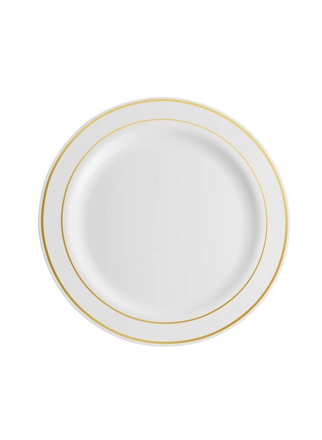 مونفيكس أطباق حفلات بلاستيكية من مونفيكس، 100 قطعة، بحافة ذهبية بيضاء، و50 طبق عشاء فاخر عالي التحمل مقاس 10.25 بوصة، و50 طبق حلوى ومقبلات للاستخدام مرة واحدة مقاس 7.5 بوصة، أطباق زفاف أنيقة فاخرة عالية التحمل. - Image 1