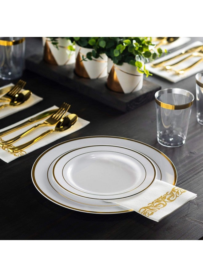 مونفيكس أطباق حفلات بلاستيكية من مونفيكس، 100 قطعة، بحافة ذهبية بيضاء، و50 طبق عشاء فاخر عالي التحمل مقاس 10.25 بوصة، و50 طبق حلوى ومقبلات للاستخدام مرة واحدة مقاس 7.5 بوصة، أطباق زفاف أنيقة فاخرة عالية التحمل. - Image 3