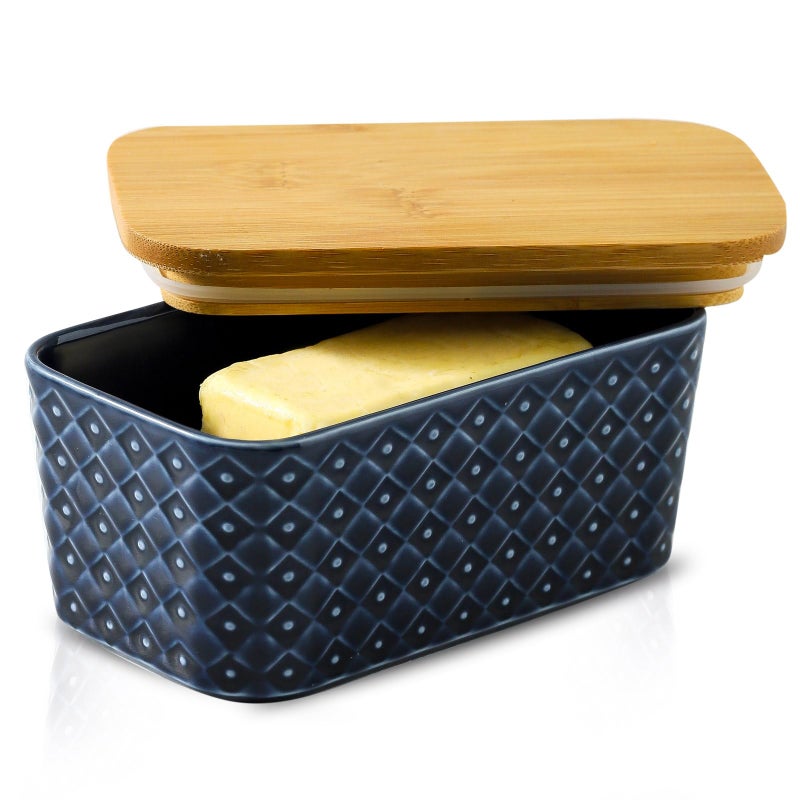 Tikooere Ceramic Butter Dish with Lid,Large Butter Container with Airtight Cover for Countertop or refrigerator,Farmhouse Butter Holder for Kitchen Gifts,Dishwasher Safe,Navy Blue Embossed Pattern - Image 1