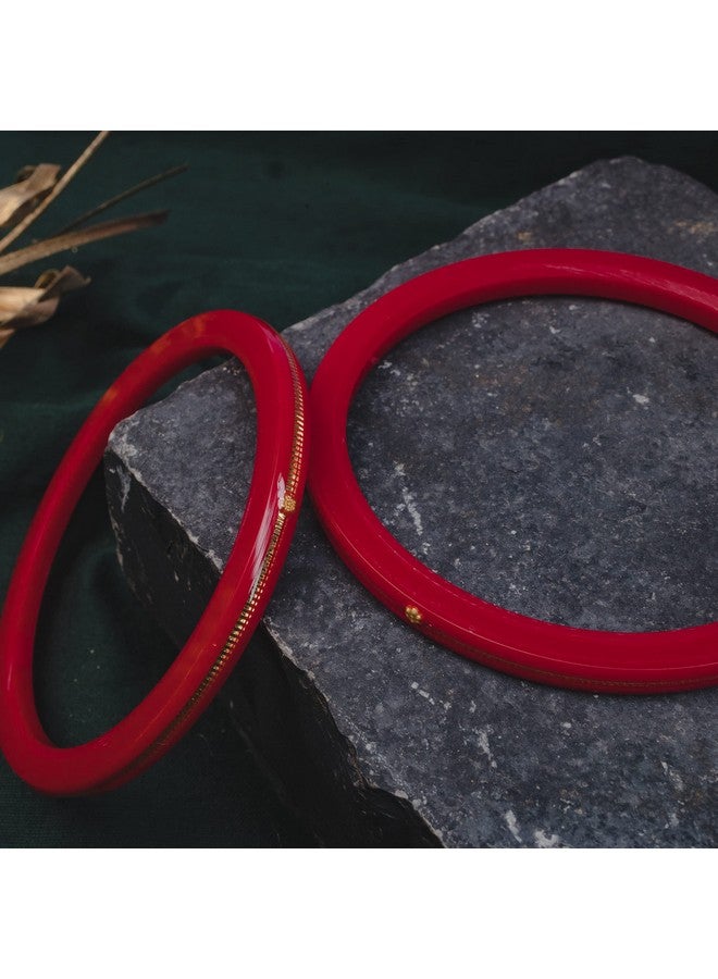 Hem Jewels by Ashok Jewellers 22kt (916) Yellow Gold Handmade Pola Bangles/Wedding Chooda/Churas for Women with Purity Certificate (Set of 2pcs) - Red (2.4 Aani) - Image 3